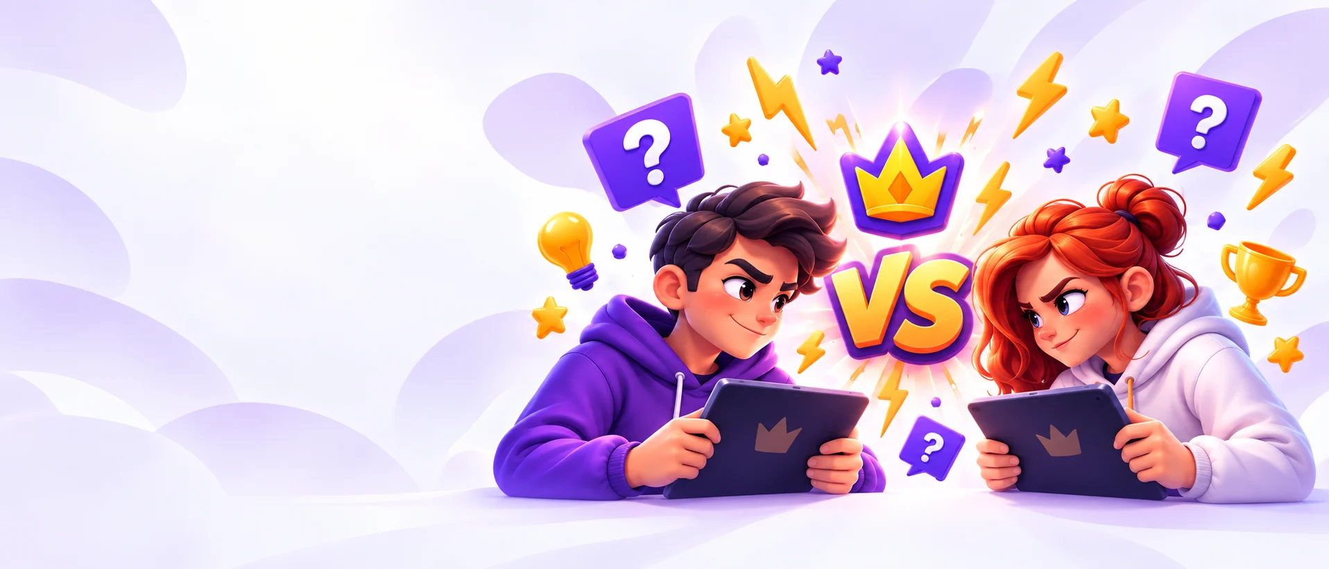 Dva hráči proti sobě v kvízovém duelu, mezi nimi zlatý emblém VS s korunkou